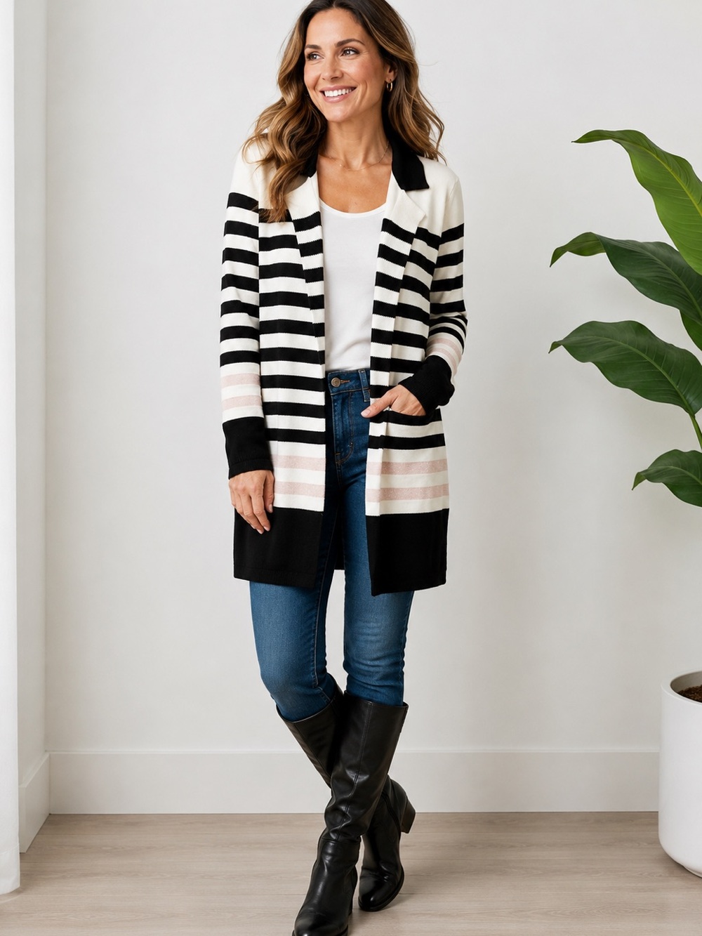 Vila Milano Cardigan Women's L Black & White Stripe Metallic Open Front Long NWT